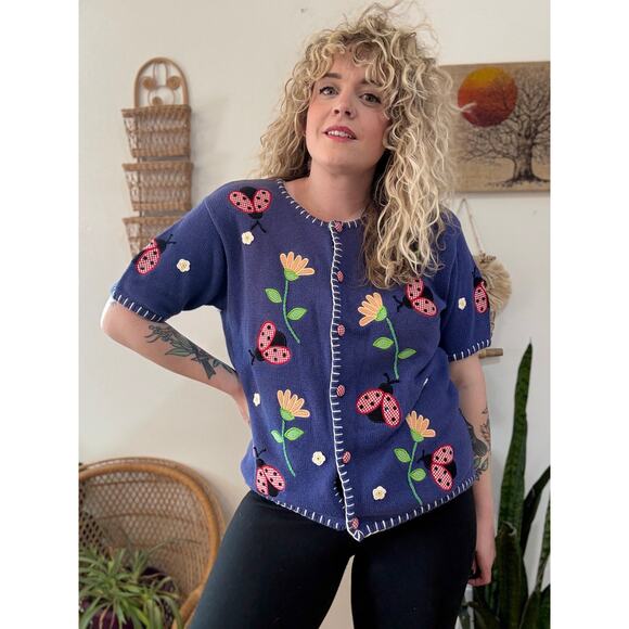90s/Y2K Short Sleeve Ladybug Cardigan size XL - Picture 1 of 7